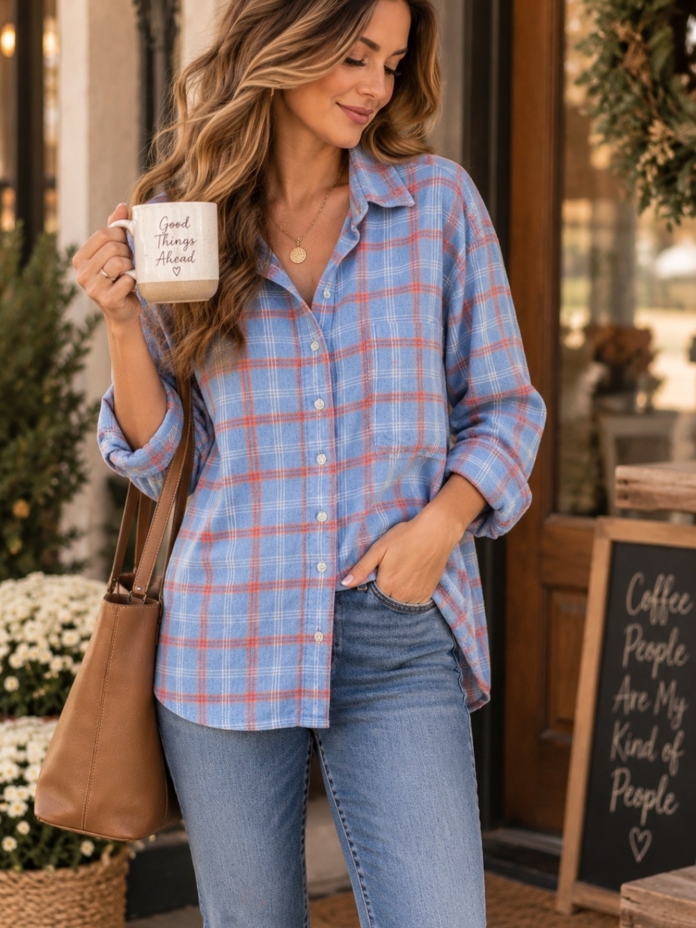 Sonoma L 100% Cotton Blue Coral Red Plaid Flannel Button Down Shirt Classic!